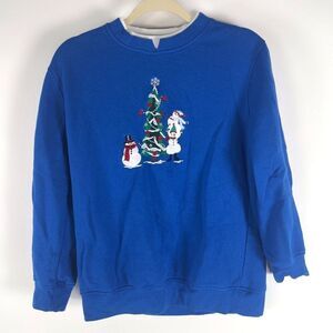 Women's Vintage Blue Snowman Holiday Grandma Embroidered Christmas Sweater / S